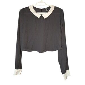 *3 FOR $9* Forever 21 Long Sleeve Crop Collared Solid Colorblock Blouse Shirt L